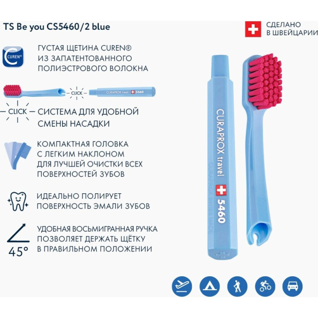 Сменные зубные щетки Curaprox CS 5460 Ultra Soft для дорожного набора, цвет ручки синий - изображение 2