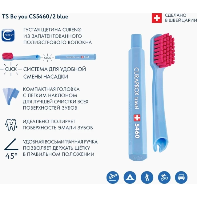 Сменные зубные щетки Curaprox CS 5460 Ultra Soft для дорожного набора, 2 шт, цвет ручки синий - изображение 2